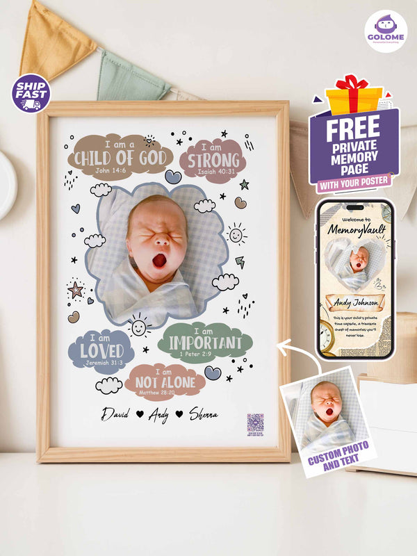 Personalized Baby “I Am” Cloud Poster – Christian Nursery Wall Art with Custom Photo & Bible Verses